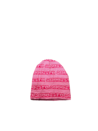 a pink beanie on a black background